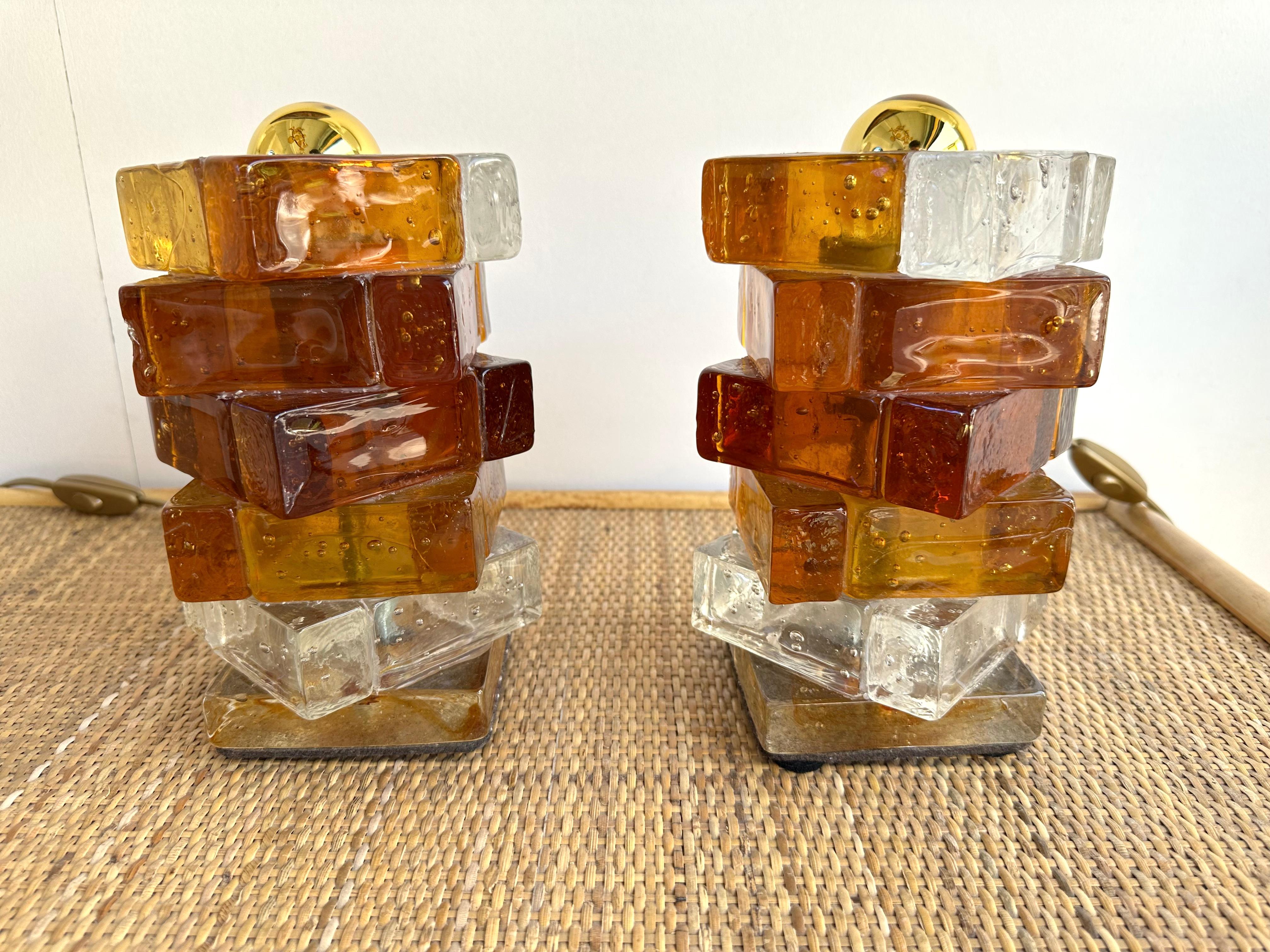 Pressed Pair of Amber Glass Cube Lamps by Poliarte, Italy, 1970s
