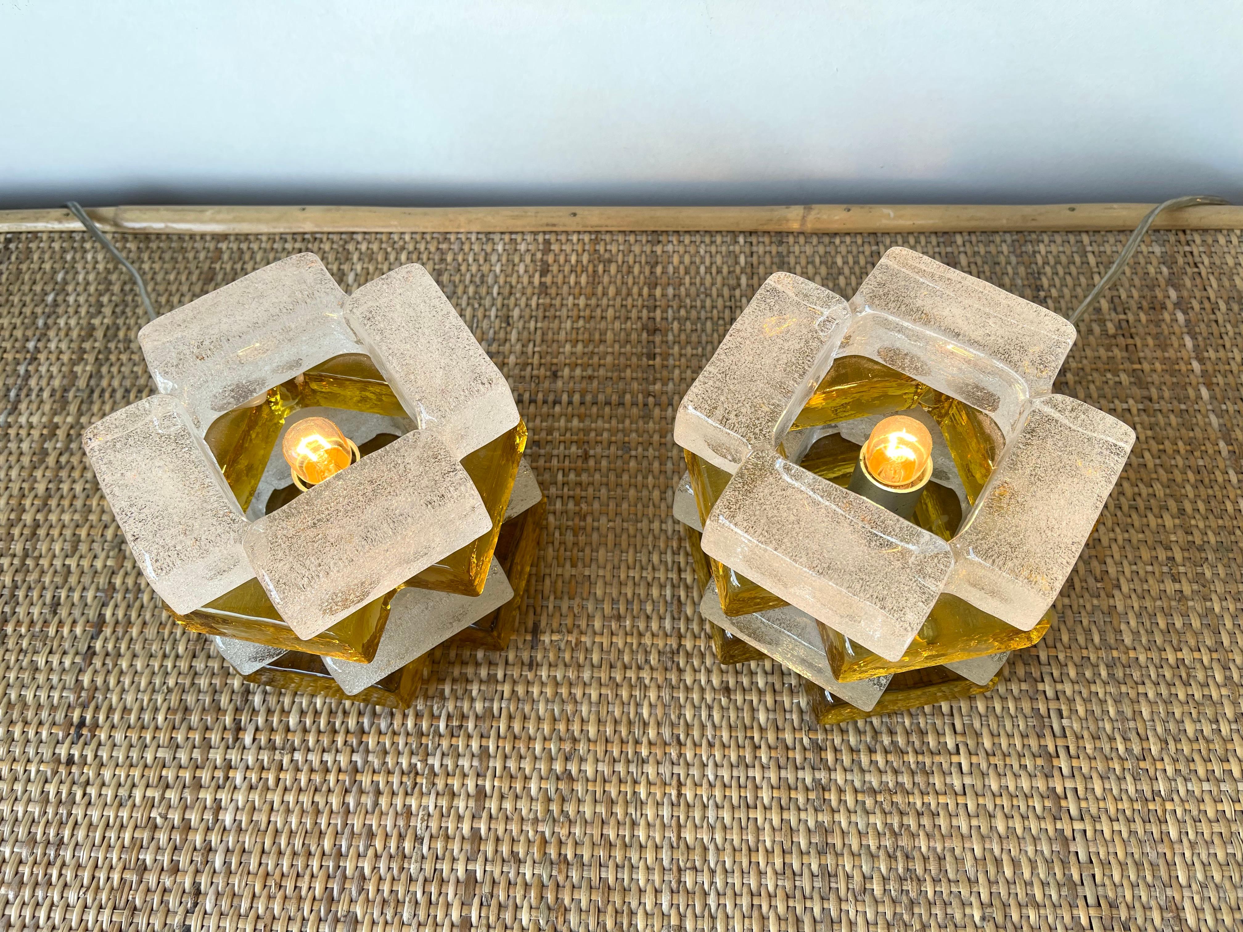 Pair of Amber Glass Cube Lamps by Poliarte, Italy, 1970s In Good Condition In SAINT-OUEN, FR