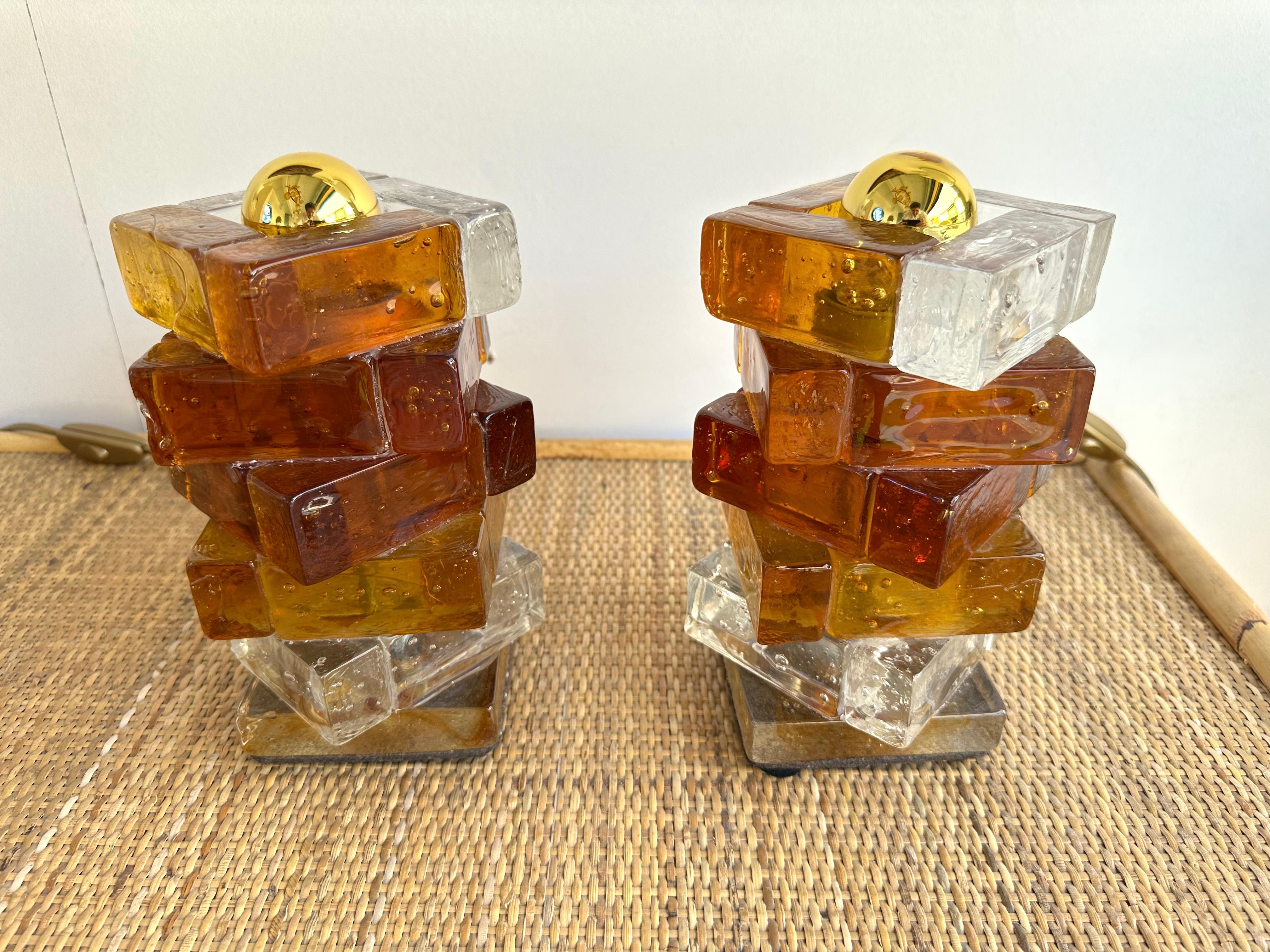 Pair of Amber Glass Cube Lamps by Poliarte, Italy, 1970s In Good Condition In SAINT-OUEN, FR