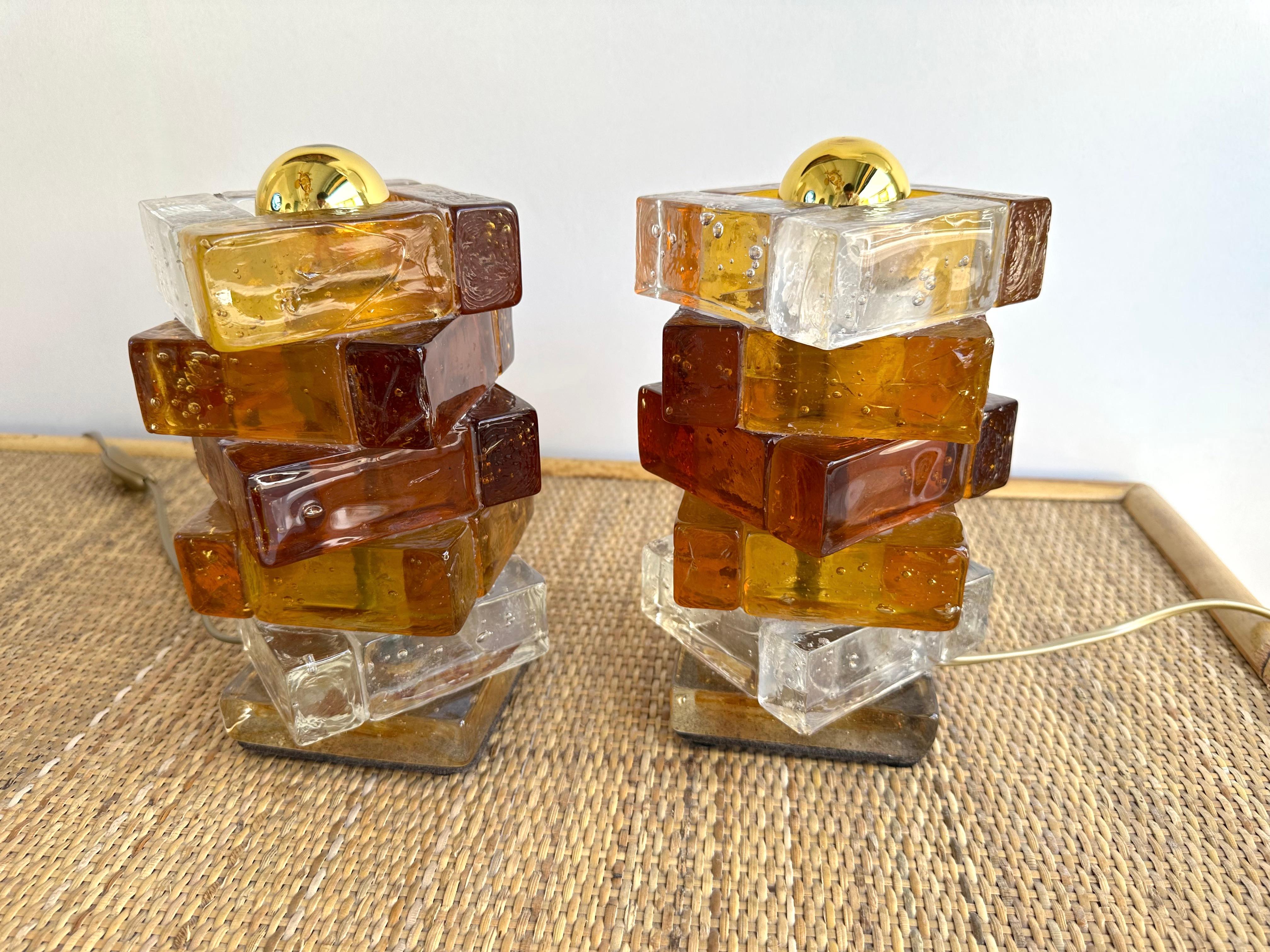 Late 20th Century Pair of Amber Glass Cube Lamps by Poliarte, Italy, 1970s