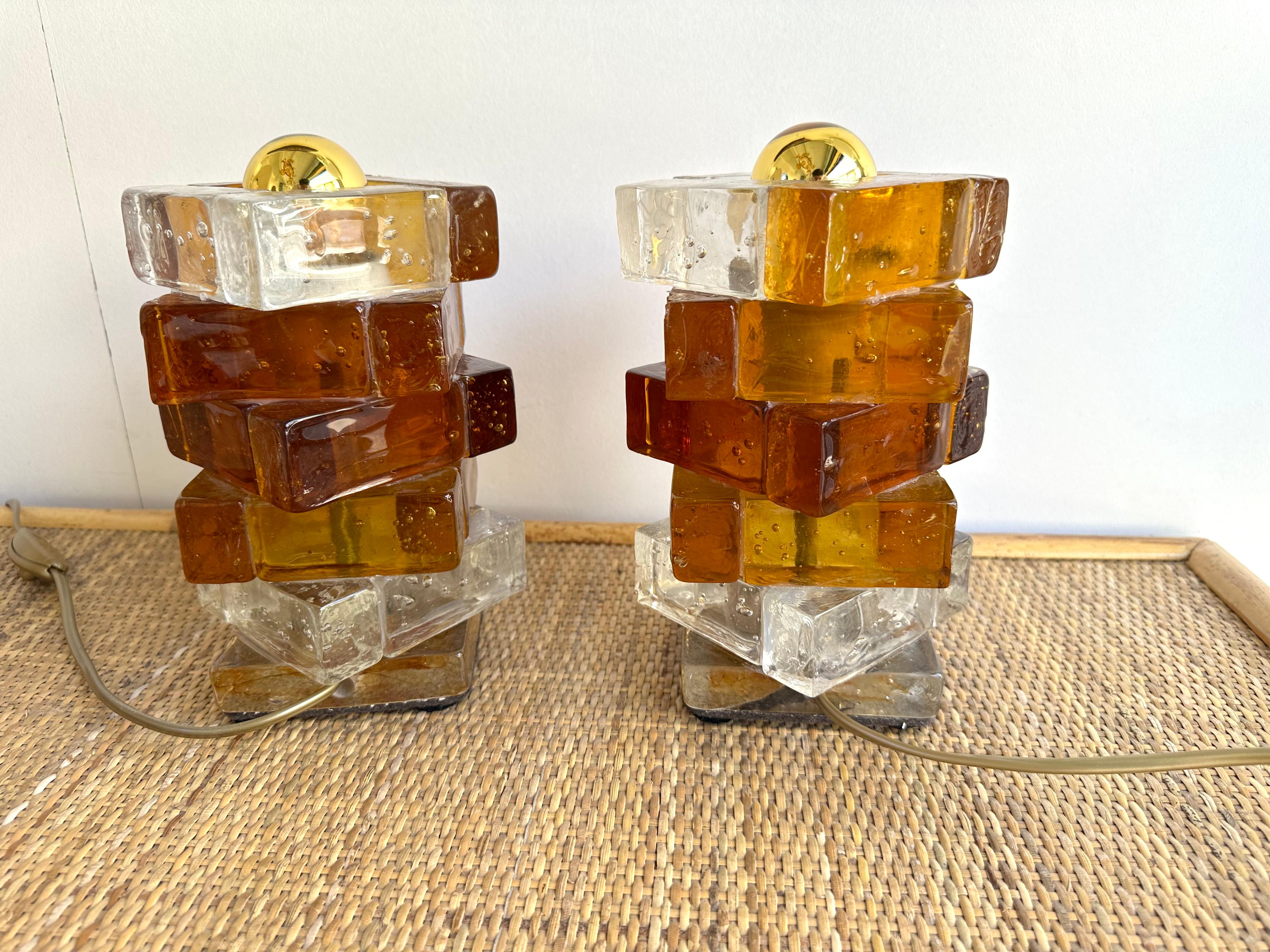 Pair of Amber Glass Cube Lamps by Poliarte, Italy, 1970s 1