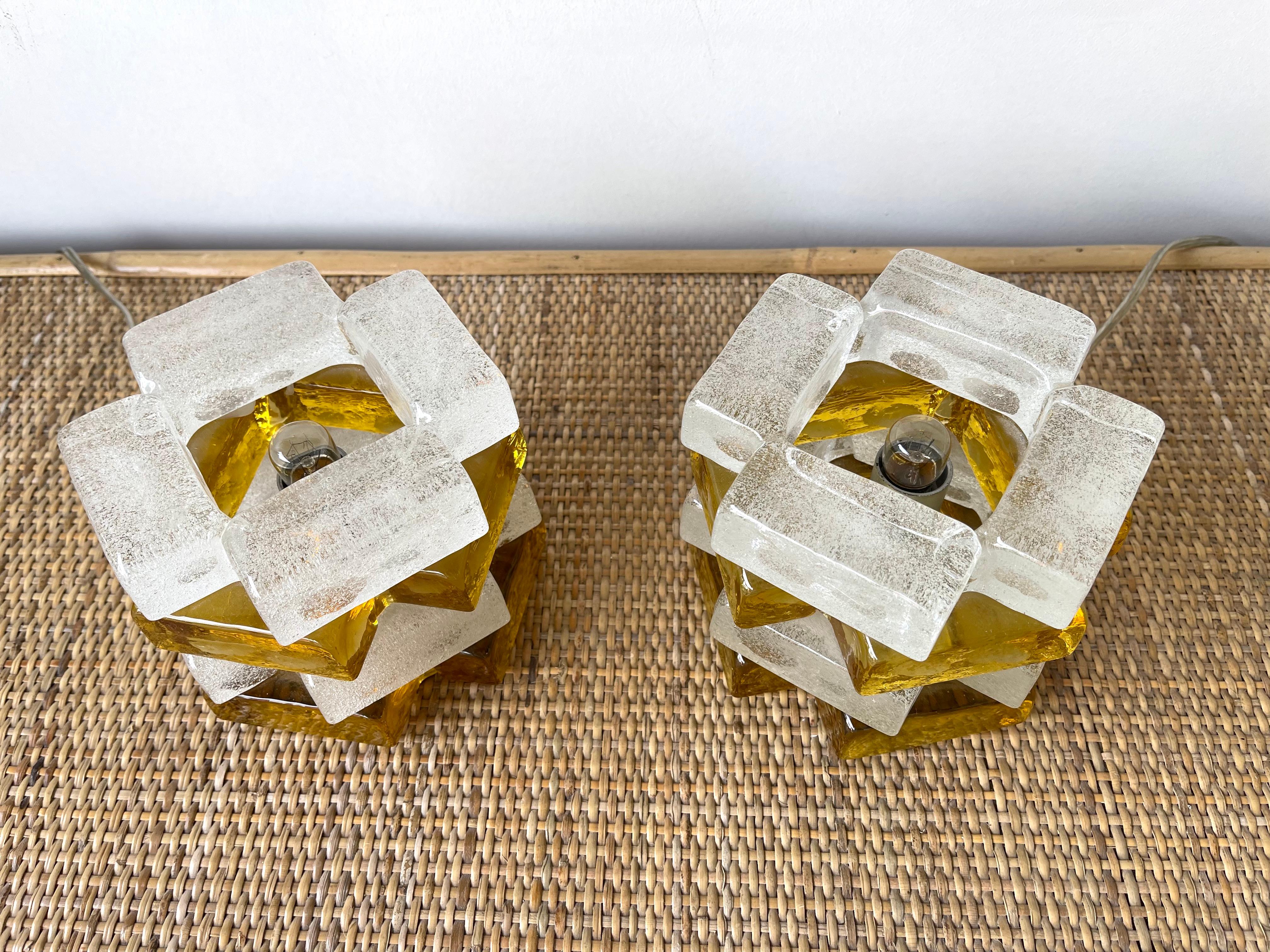 Pair of Amber Glass Cube Lamps by Poliarte, Italy, 1970s 2