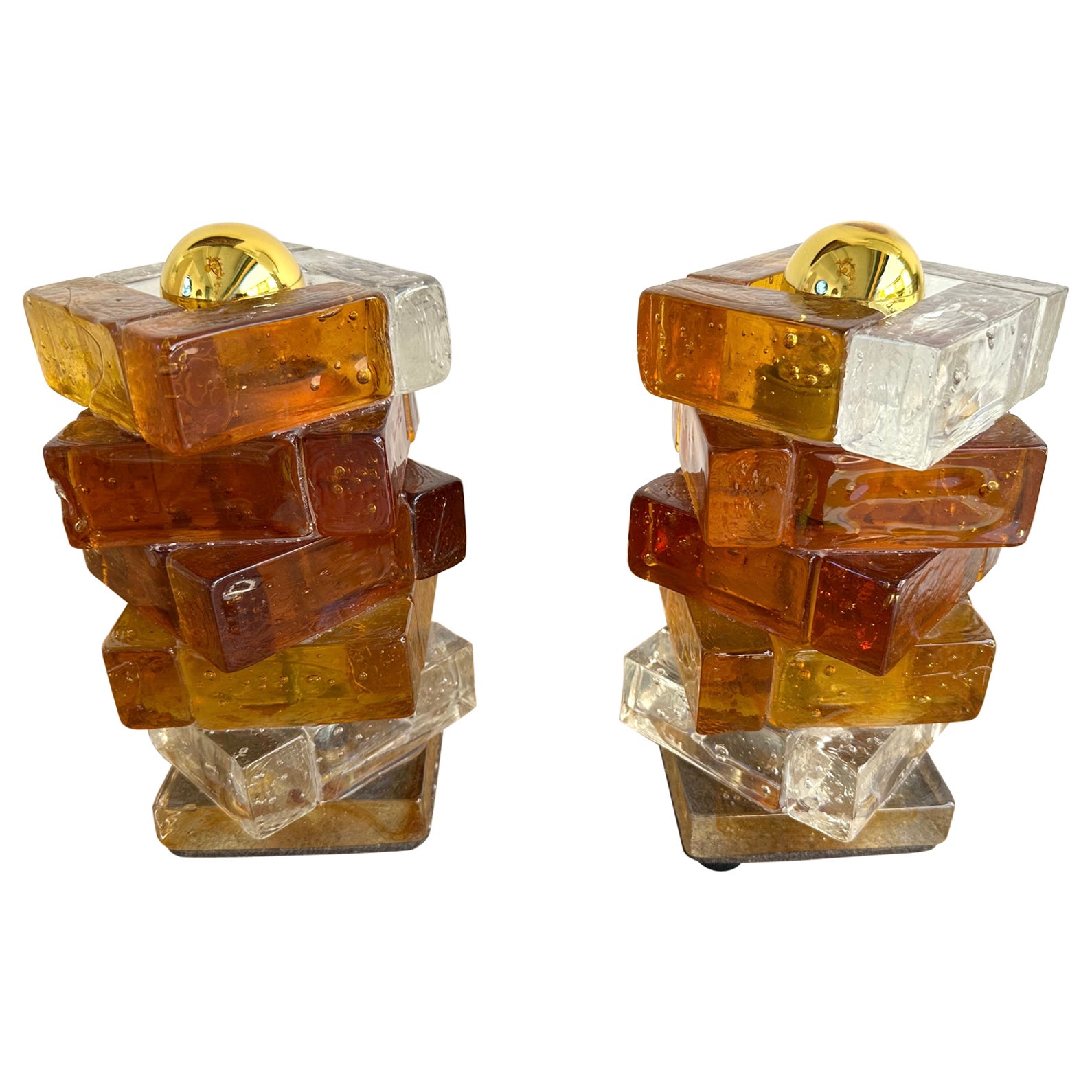 Pair of Amber Glass Cube Lamps by Poliarte, Italy, 1970s