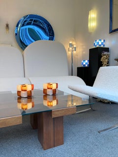 Pair of Amber Glass Cube Lamps, Italy, 1970s