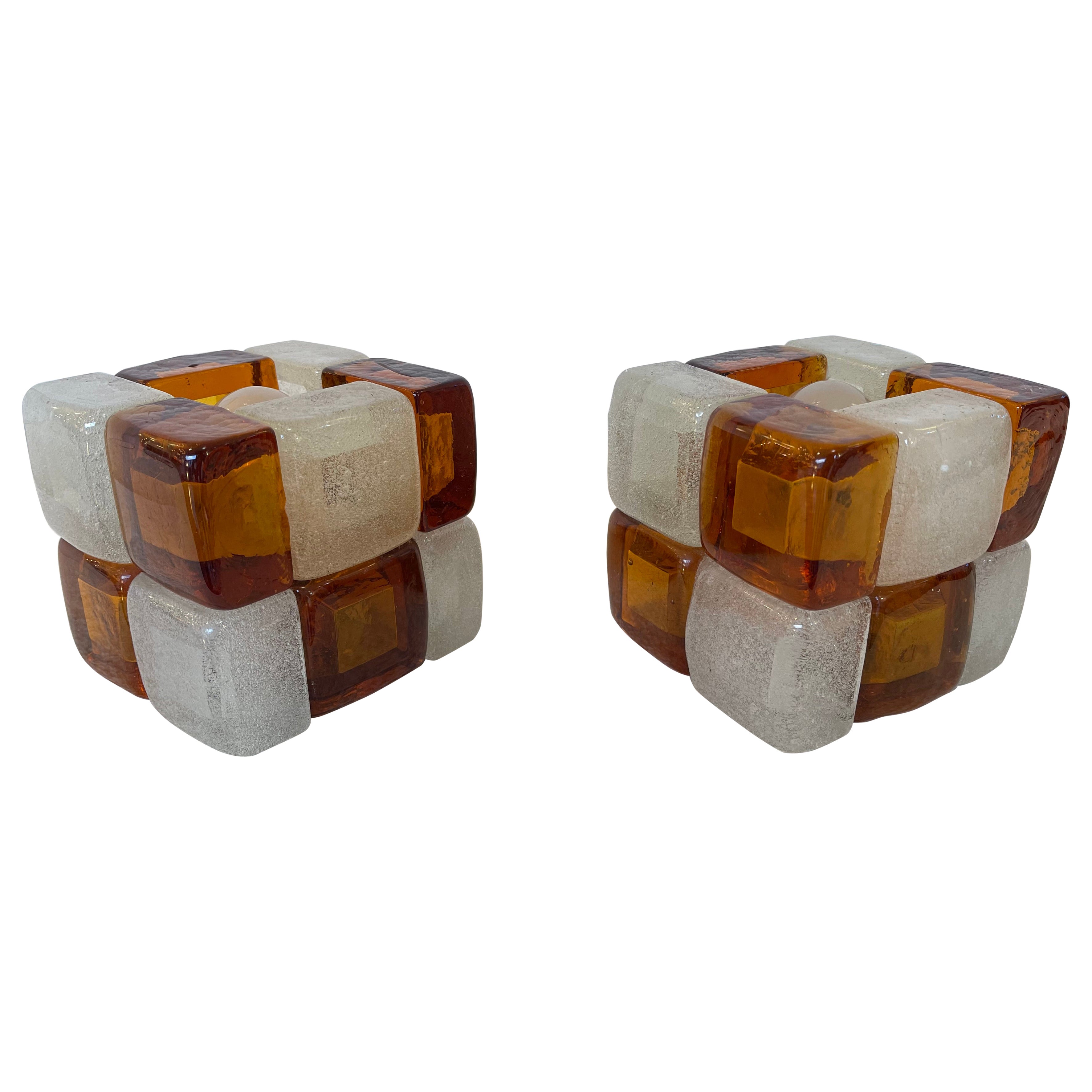 Pair of Amber Glass Cube Lamps, Italy, 1970s For Sale