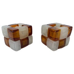 Pair of Amber Glass Cube Lamps, Italy, 1970s