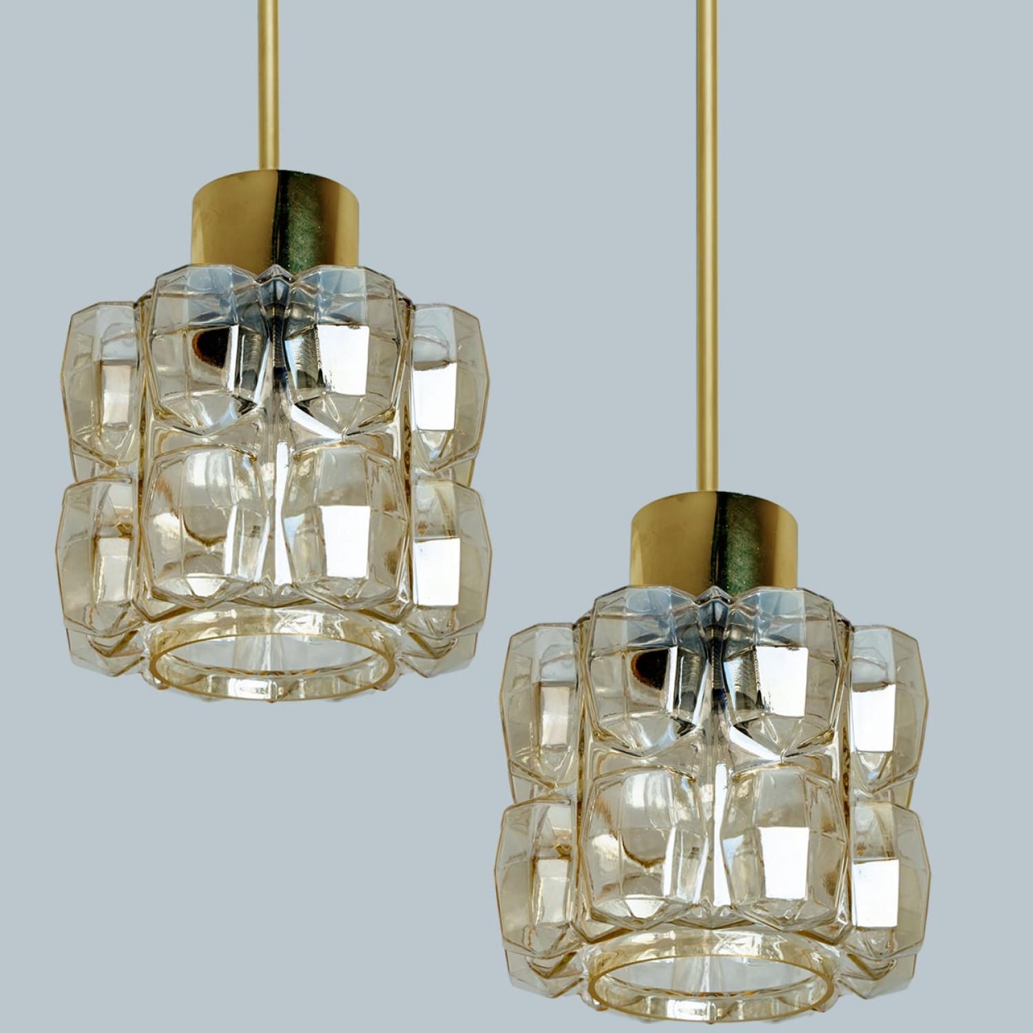 Mid-Century Modern Pair of Amber Glass Gold Pendants by Helena Tynell, 1960 For Sale