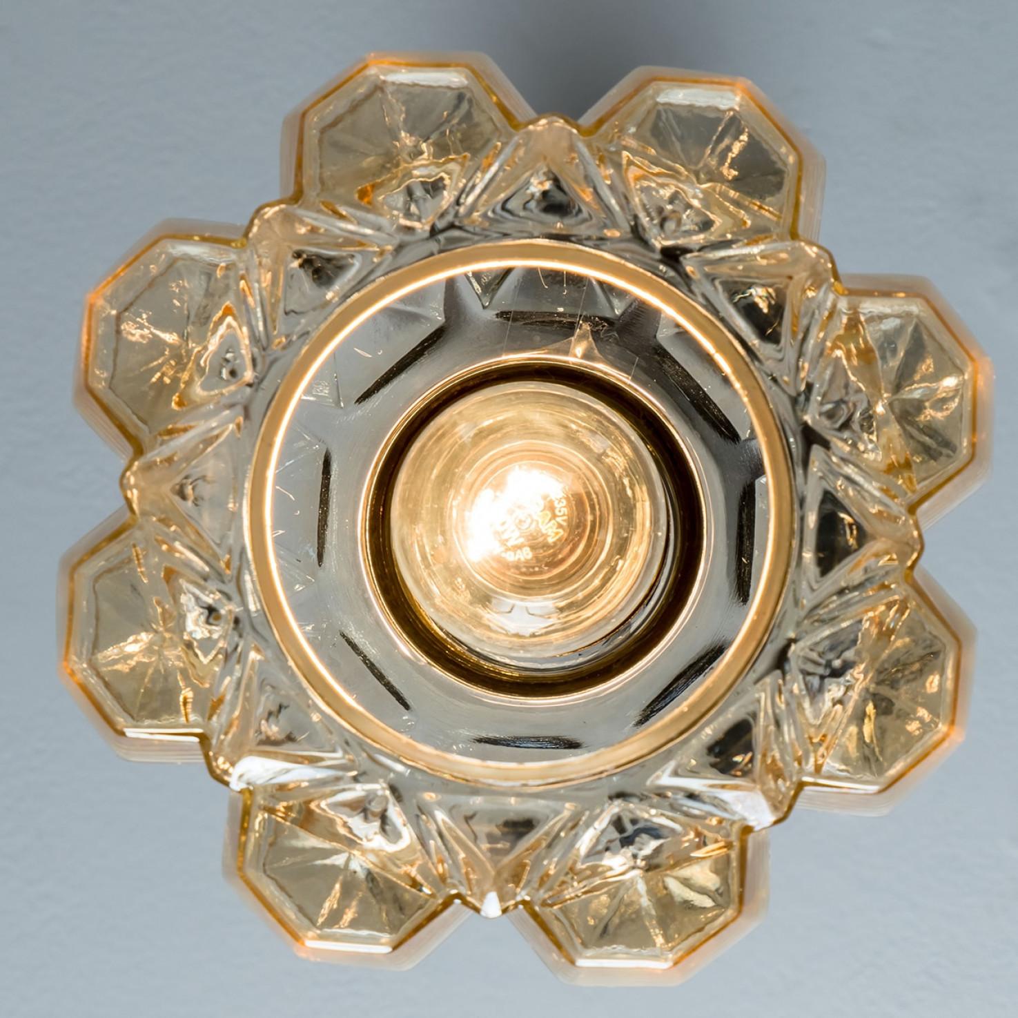 Pair of Amber Glass Gold Pendants by Helena Tynell, 1960 For Sale 1