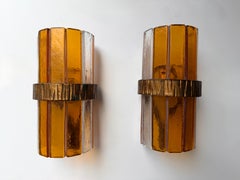 Pair of Amber Glass Hammered Wrought Iron Sconces by Longobard, Italy, 1970s