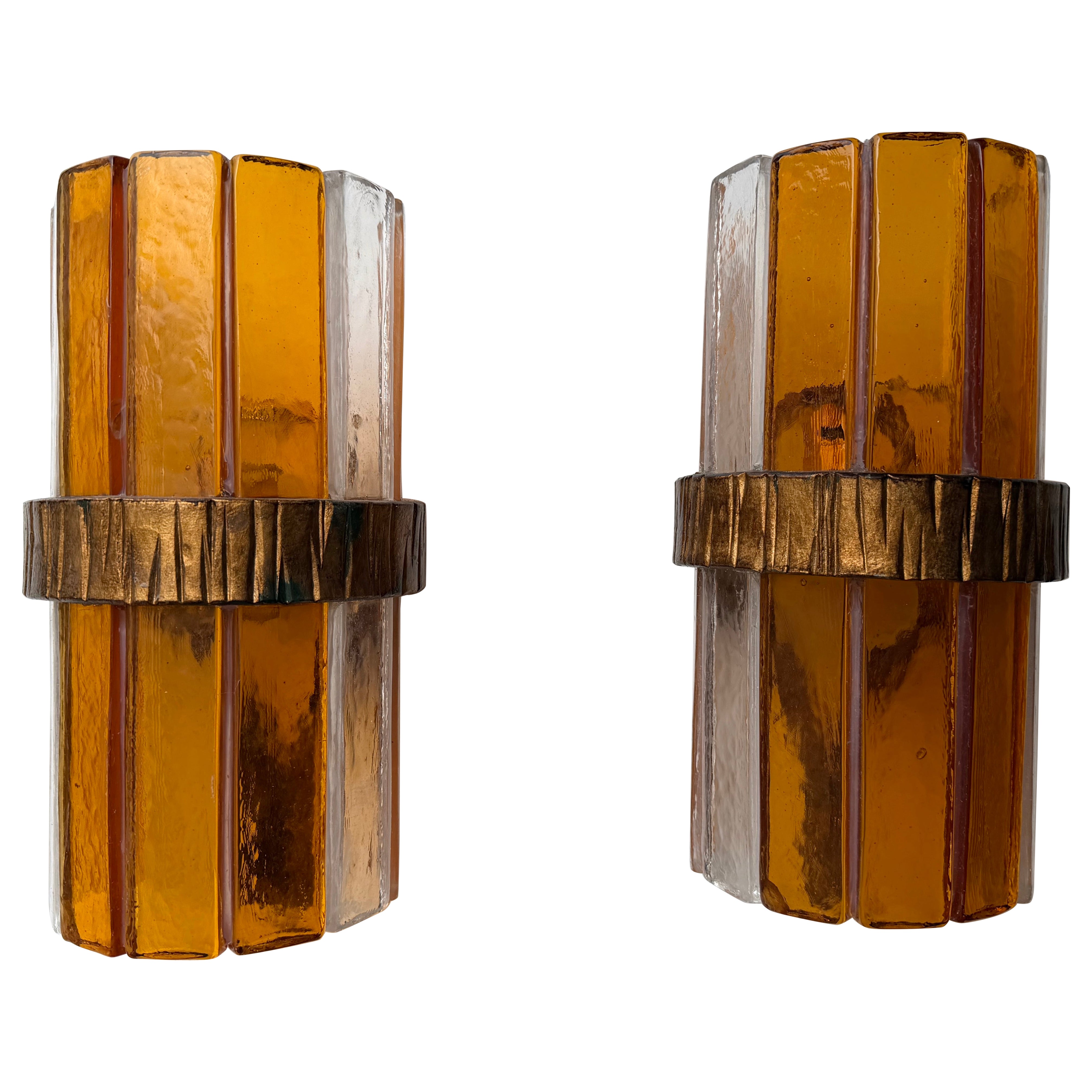 Pair of Amber Glass Hammered Wrought Iron Sconces by Longobard, Italy, 1970s