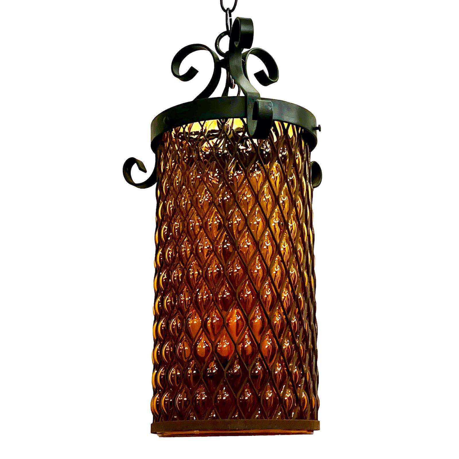 Pair of circa 1950s Italian blown glass lantern with three interior lights each. Sold individually.

Measurements:
Current drop: 26.5