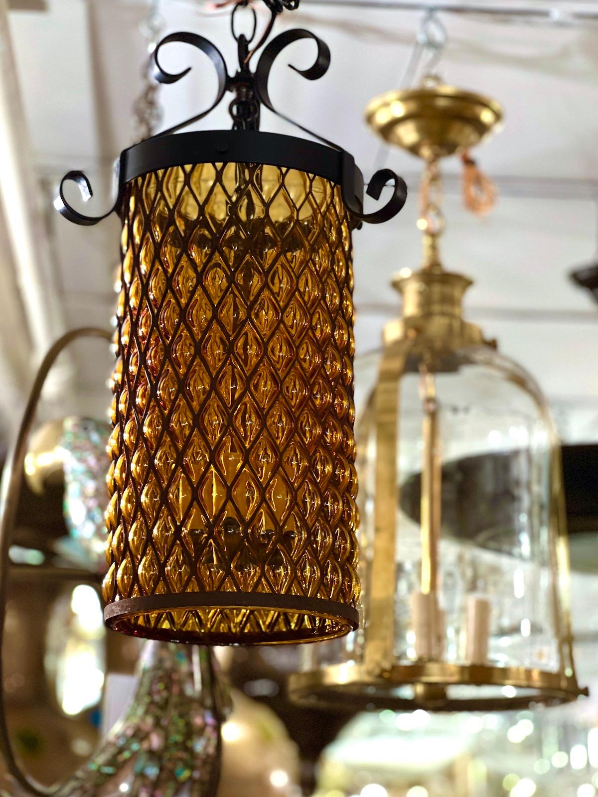 Pair of Amber Glass Lanterns, Sold Individually In Good Condition For Sale In New York, NY