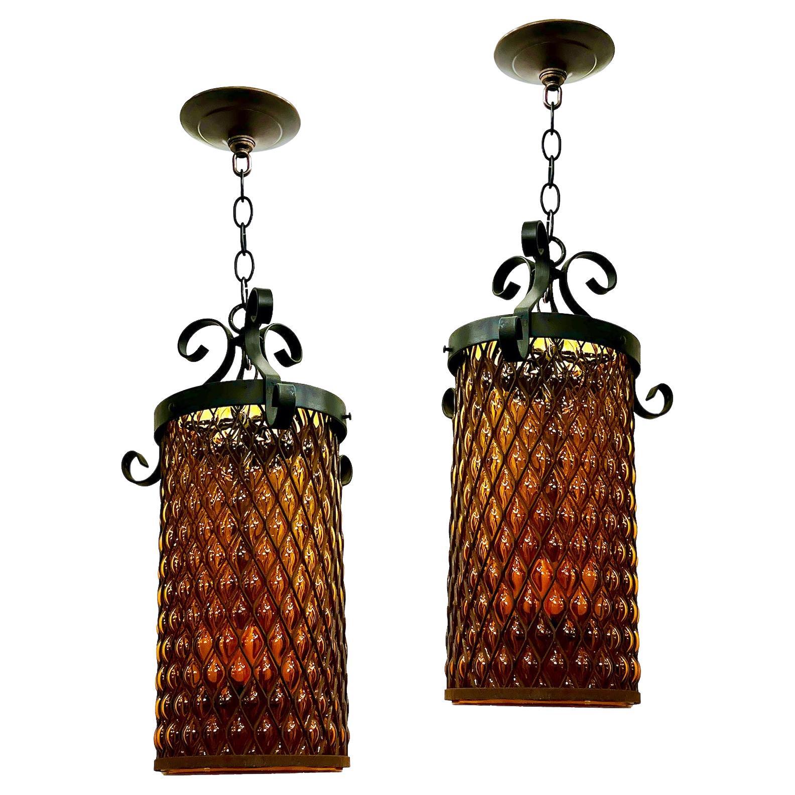Pair of Amber Glass Lanterns, Sold Individually