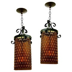 Vintage Pair of Amber Glass Lanterns, Sold Individually