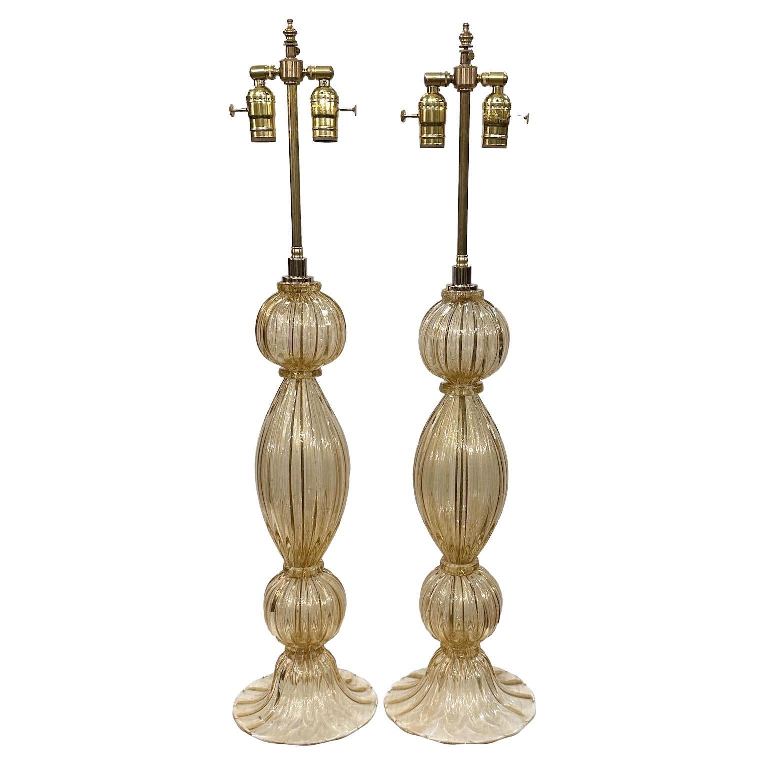 Pair of Amber Glass Murano Lamps For Sale
