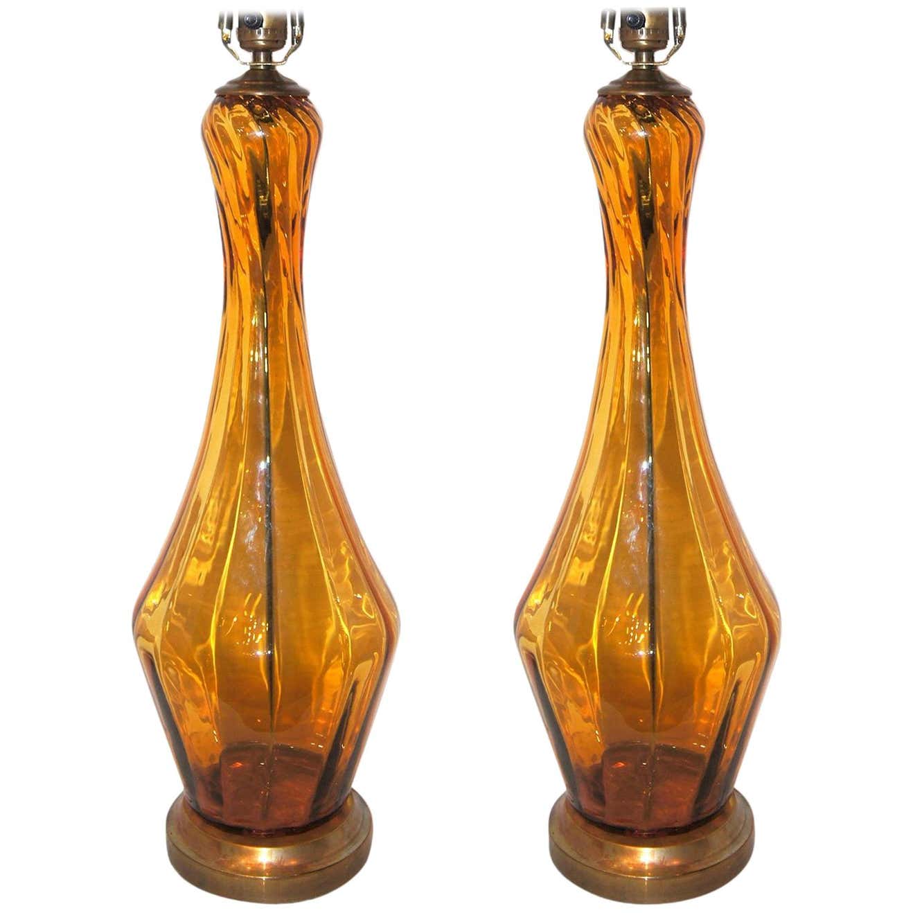 Pair of Amber Glass Table Lamps For Sale at 1stDibs