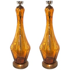 Vintage Pair of Amber Glass Table Lamps