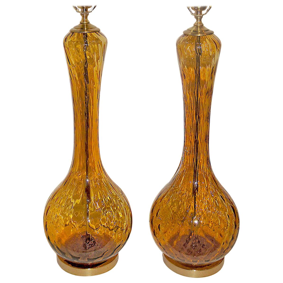 Pair of Amber Glass Table Lamps For Sale
