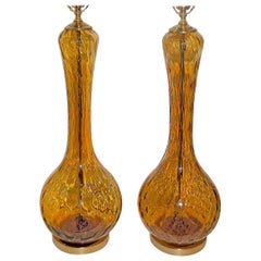 Retro Pair of Amber Glass Table Lamps