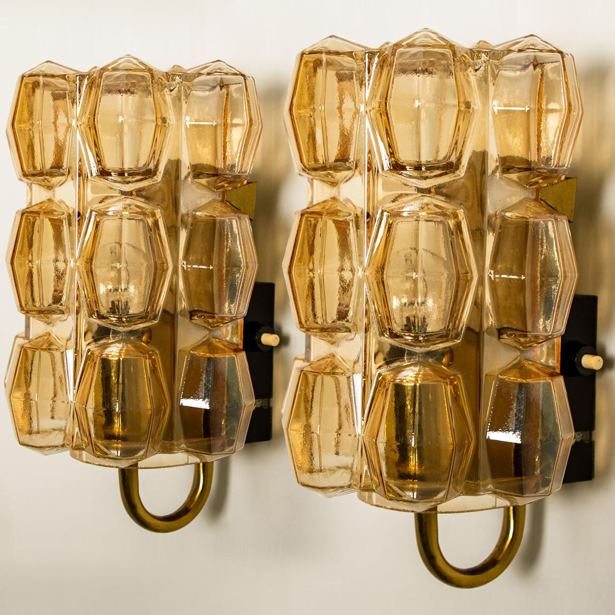 Mid-Century Modern Pair of Amber Glass Wall Lights Sconces by Helena Tynell for Glashütte, 1960