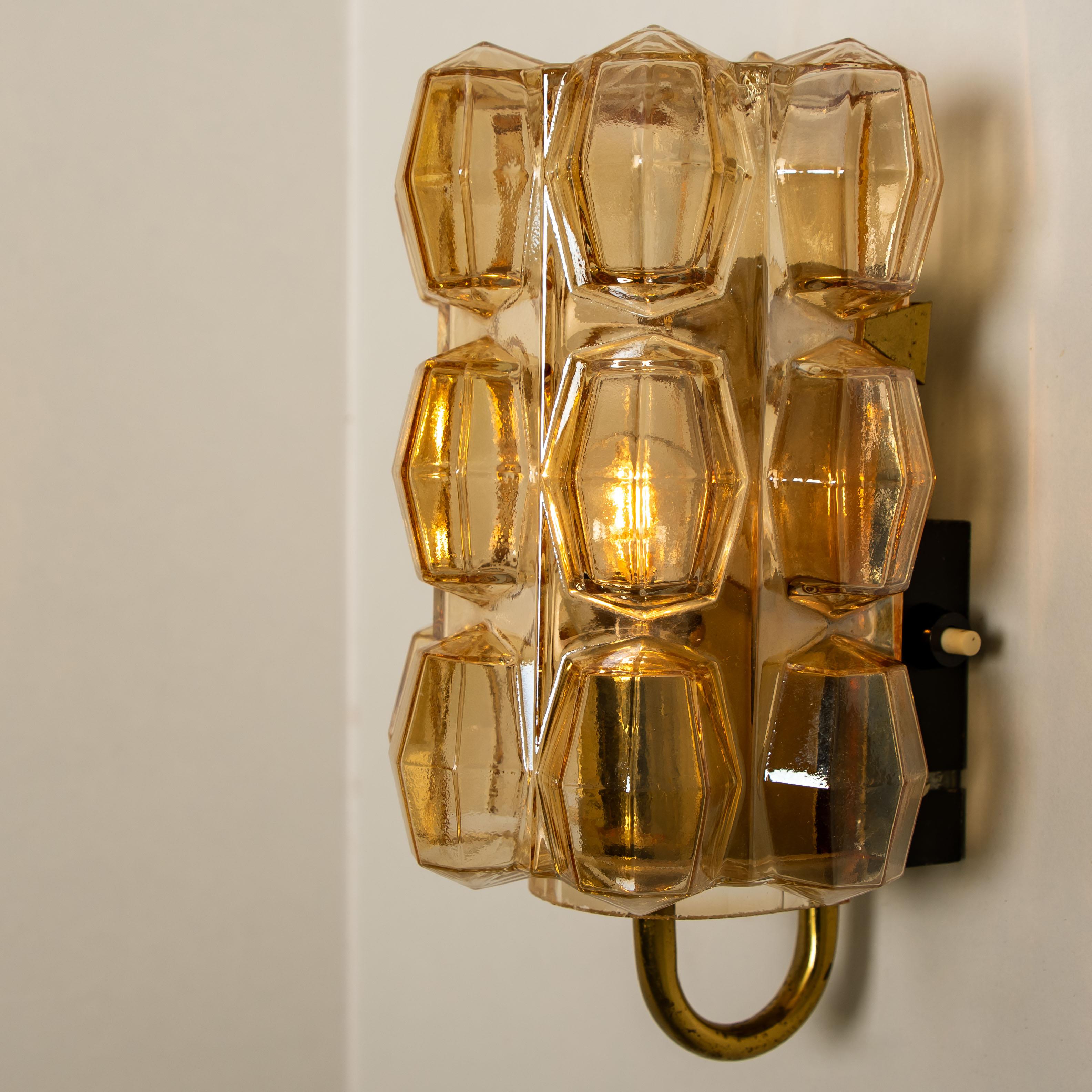 Metal Pair of Amber Glass Wall Lights Sconces by Helena Tynell for Glashütte, 1960