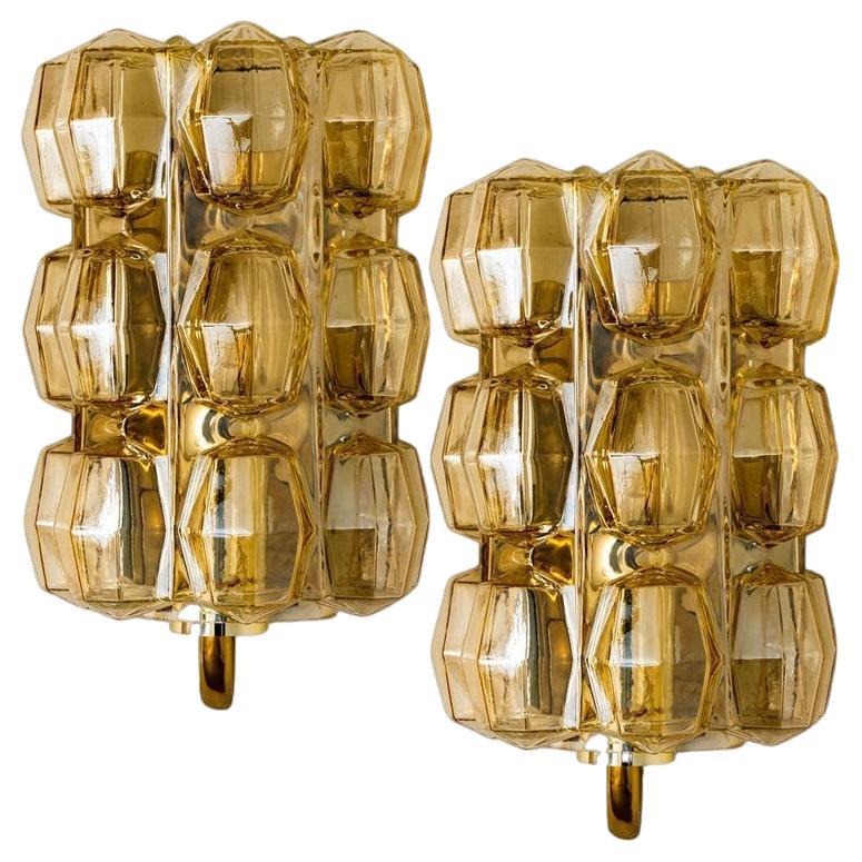 Pair of Amber Glass Wall Lights Sconces by Helena Tynell for Glashütte, 1960 For Sale