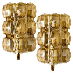 Vintage Pair of Amber Glass Wall Lights Sconces by Helena Tynell for Glashütte, 1960