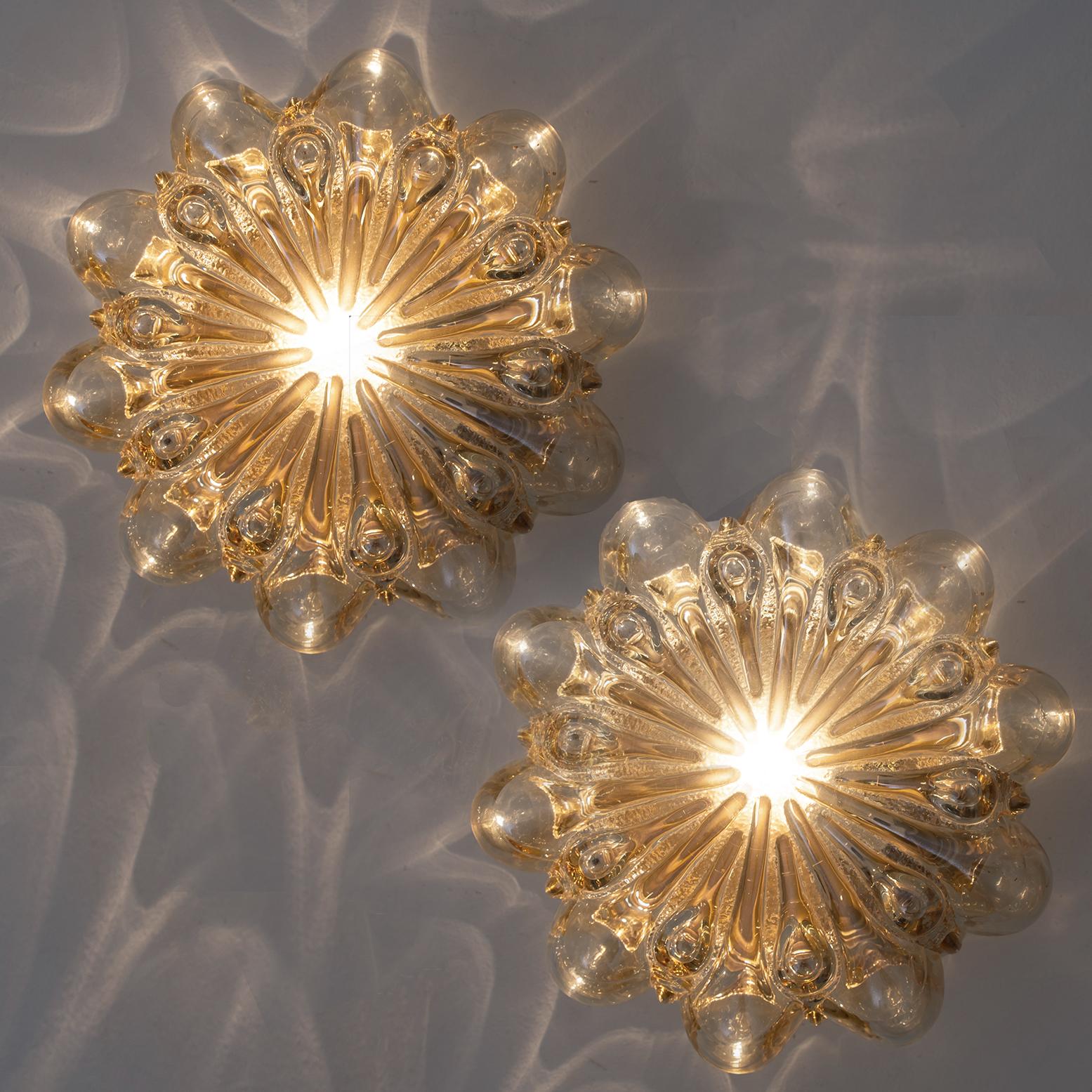 Pair of Amber Glass Wall Lights Sconces by Helena Tynell for Glashütte Limburg 1