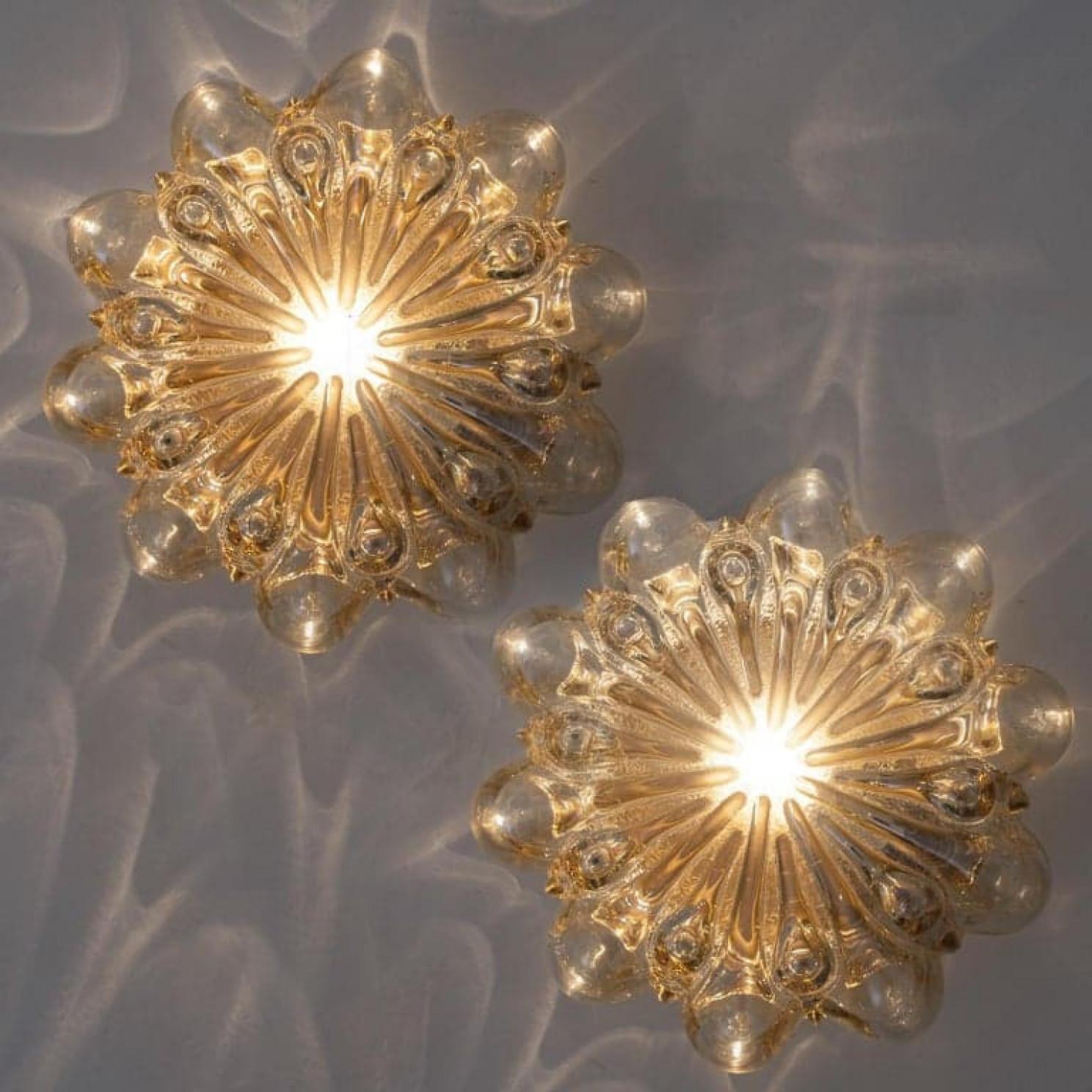 Metal Pair of Amber Glass Wall Lights Sconces by Helena Tynell for Glashütte Limburg For Sale