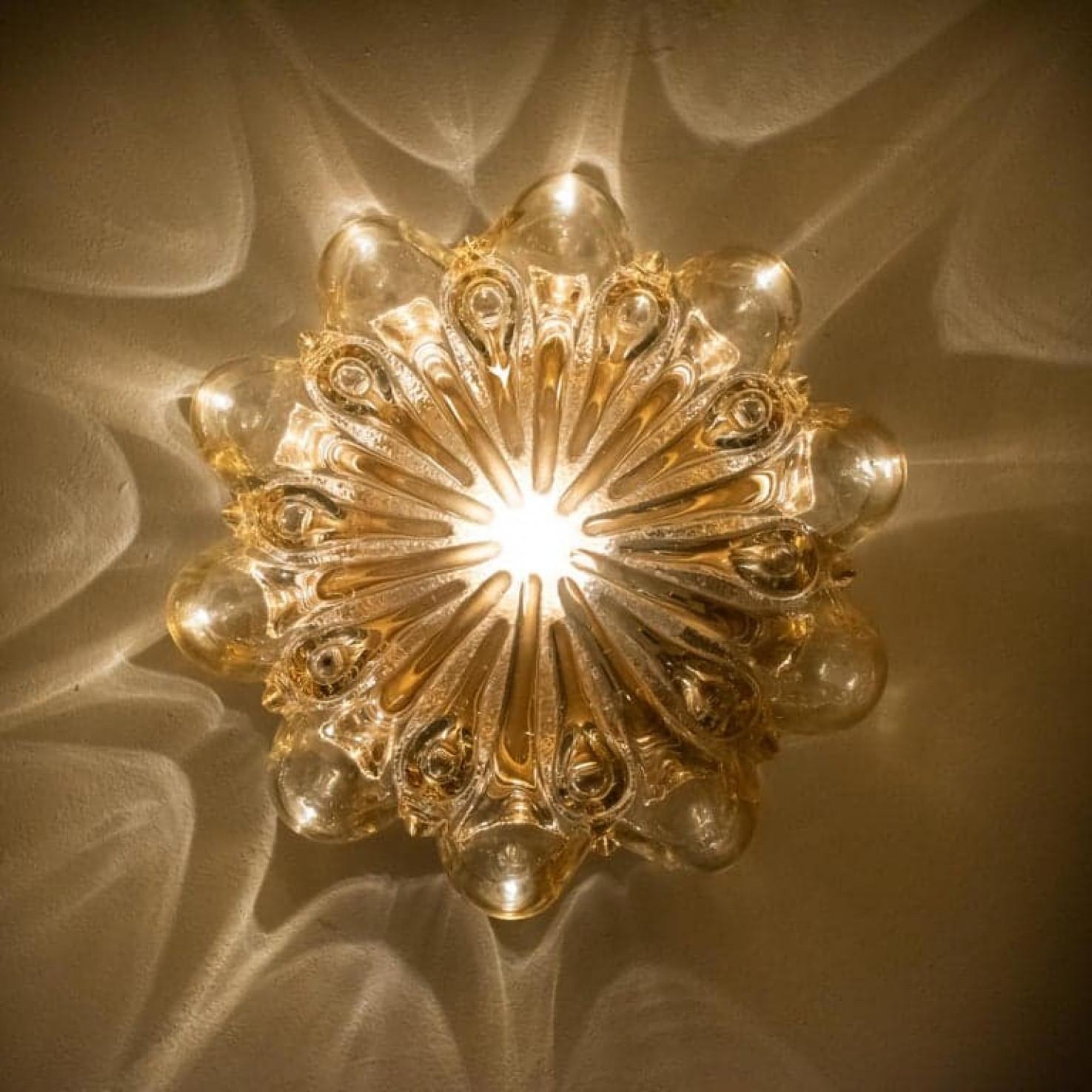 Pair of Amber Glass Wall Lights Sconces by Helena Tynell for Glashütte Limburg For Sale 1