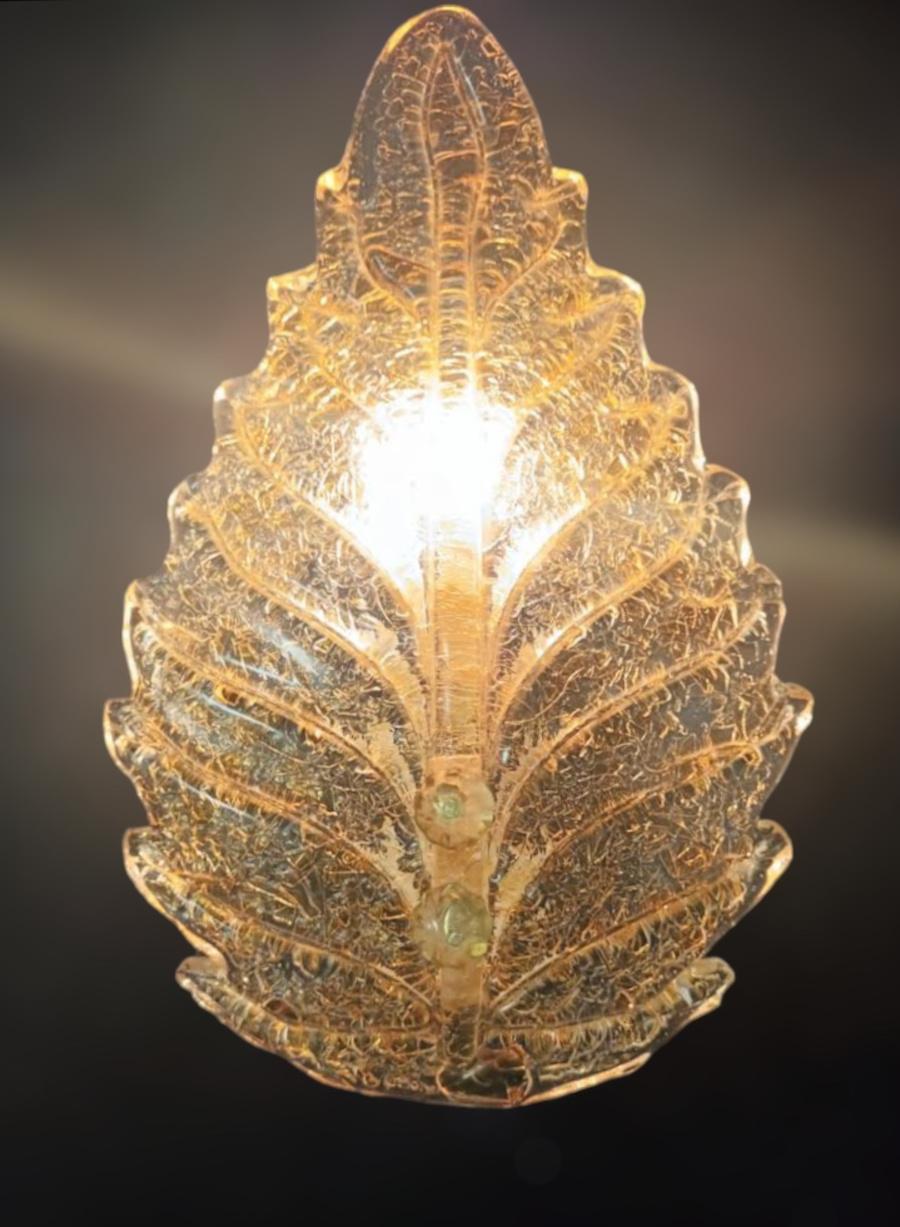 Mid-Century Modern Pair of Amber Graniglia Leaf Sconces For Sale