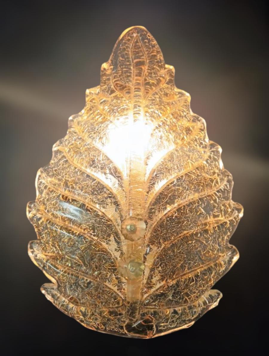 Gold Plate Pair of Amber Graniglia Leaf Sconces For Sale