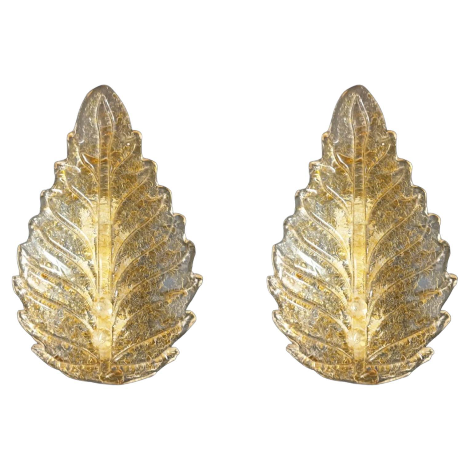 Pair of Amber Graniglia Leaf Sconces For Sale