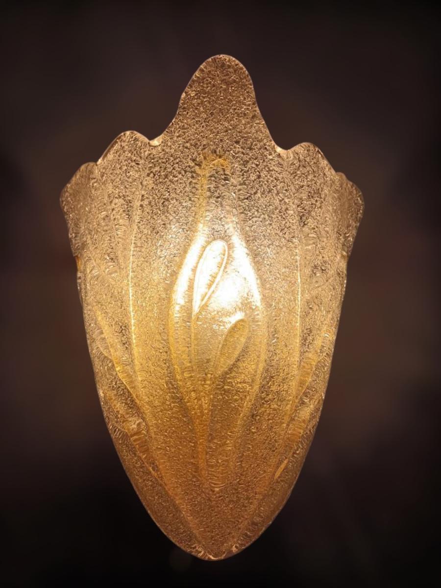 Murano Glass Pair of Amber Graniglia Shield Sconces For Sale