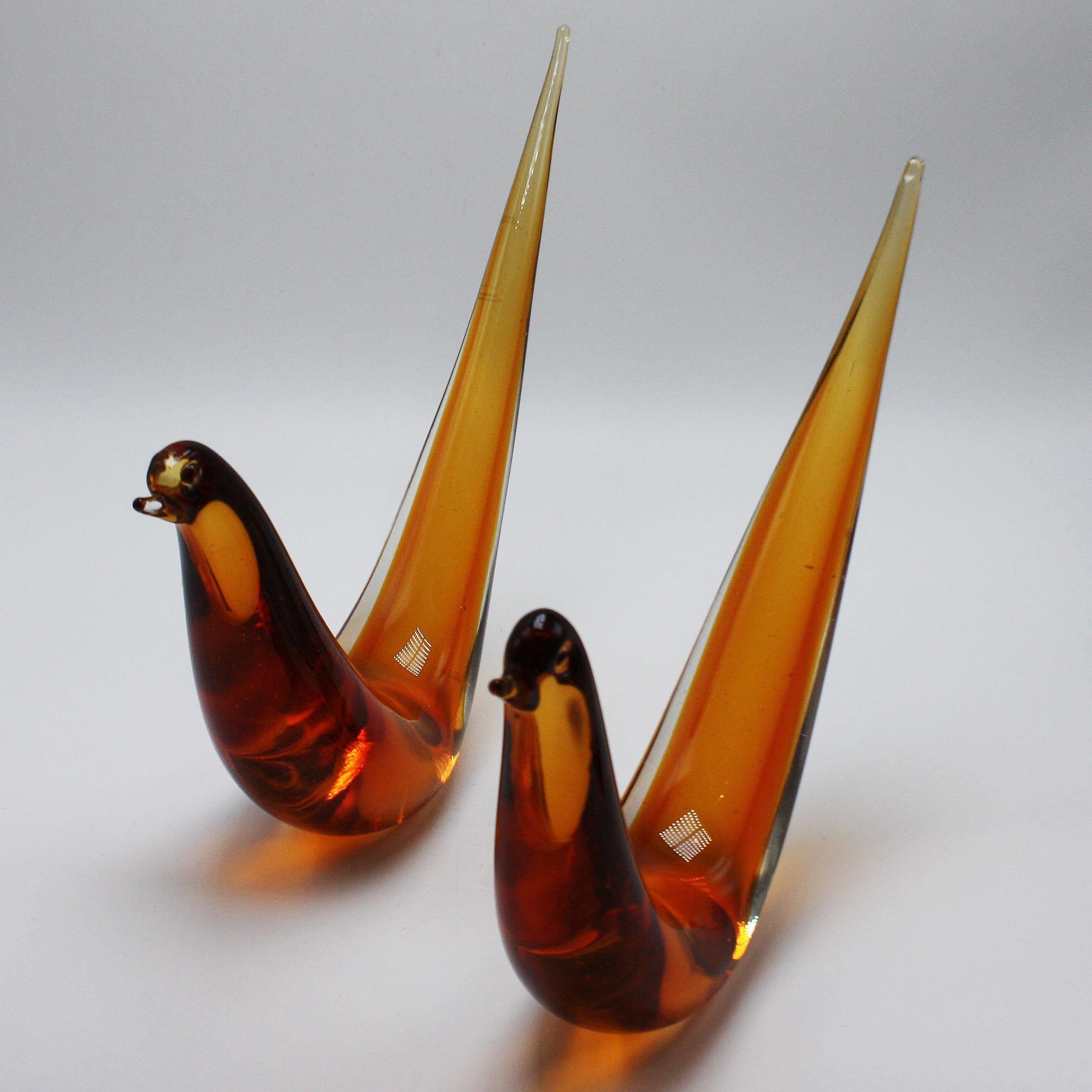 French Pair of Amber Murano Glass Abstract Birds, circa 1960