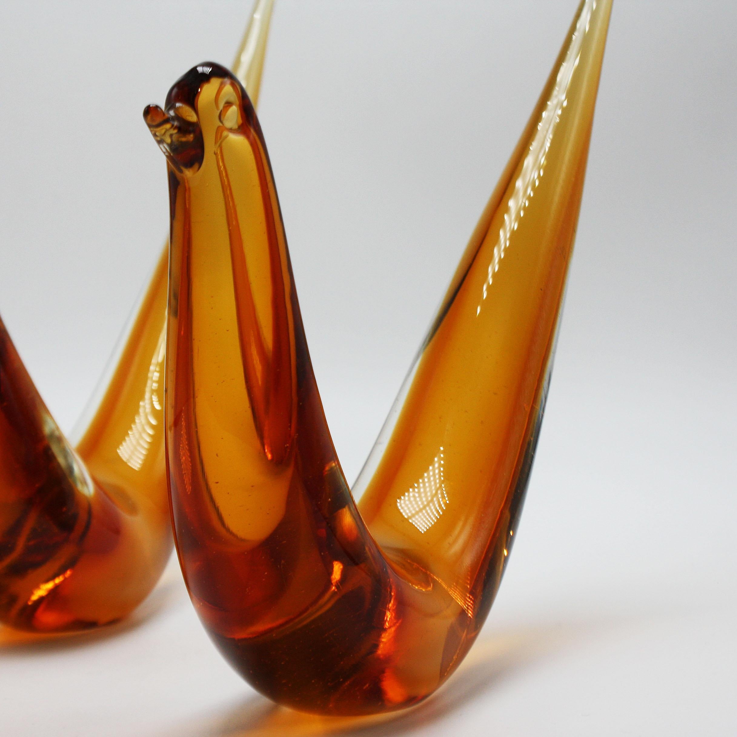 Mid-20th Century Pair of Amber Murano Glass Abstract Birds, circa 1960