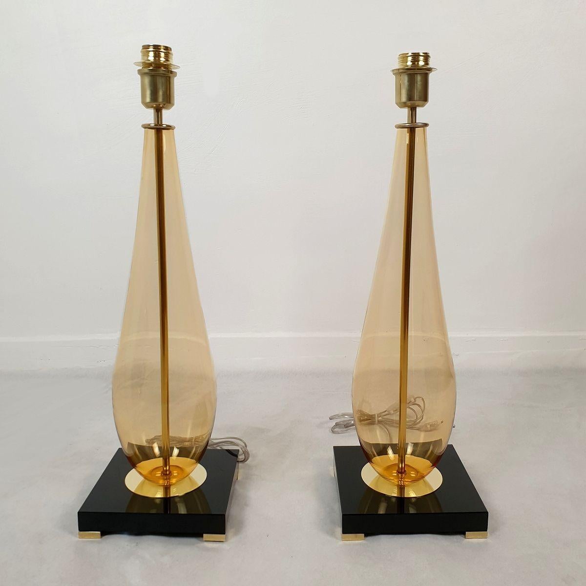 Mid-Century Modern Pair of Amber Murano glass Lamps For Sale