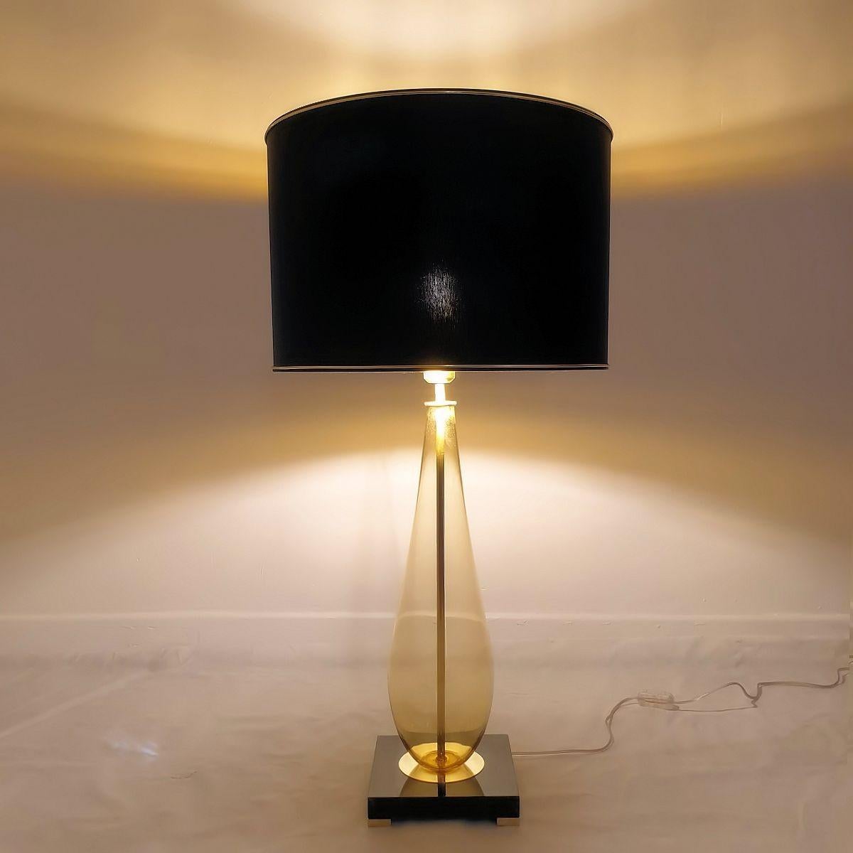 Brass Pair of Amber Murano glass Lamps For Sale