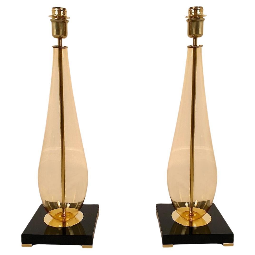 Pair of Amber Murano glass Lamps For Sale