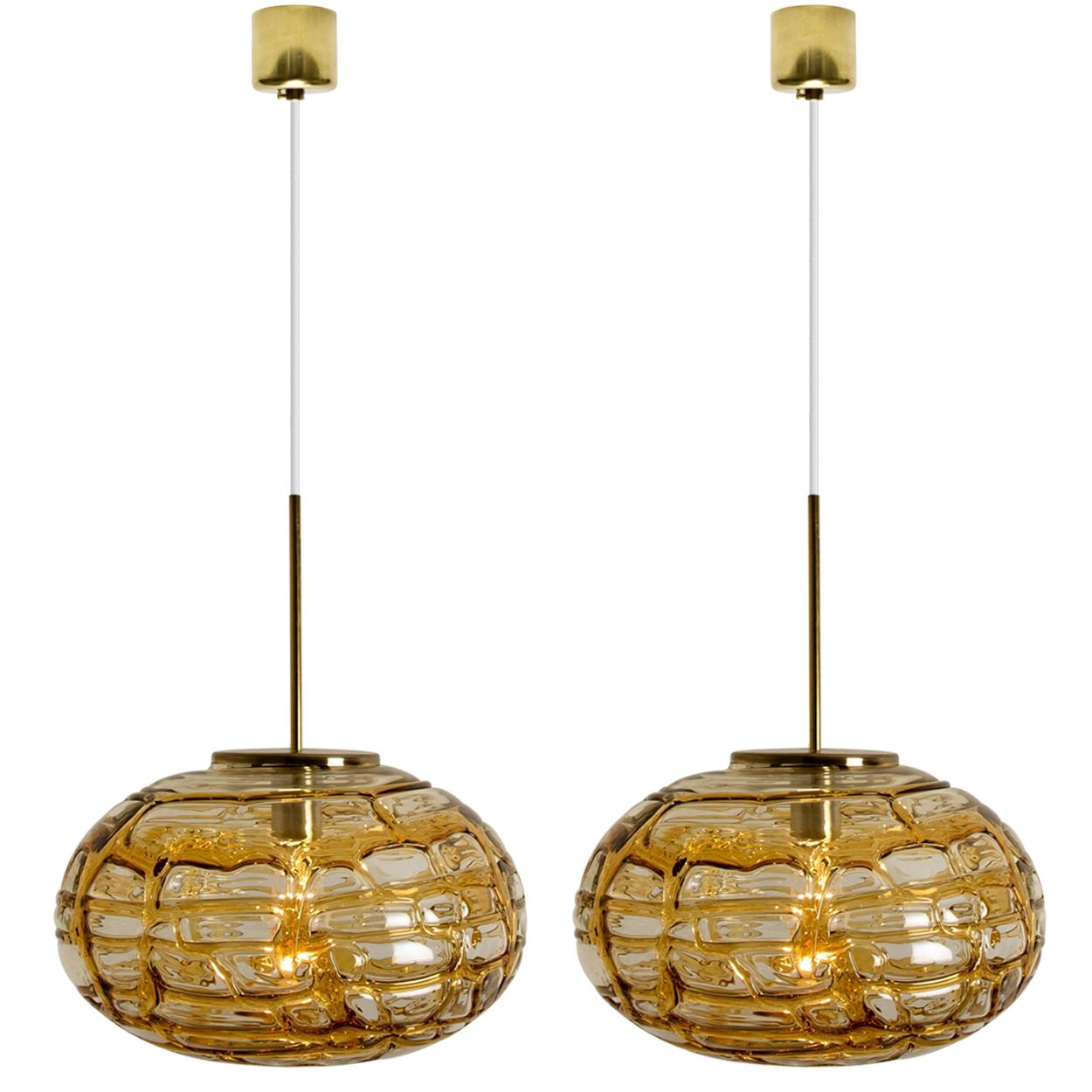 Brass Pair of Amber Murano Glass Pendant Lamp, 1960s