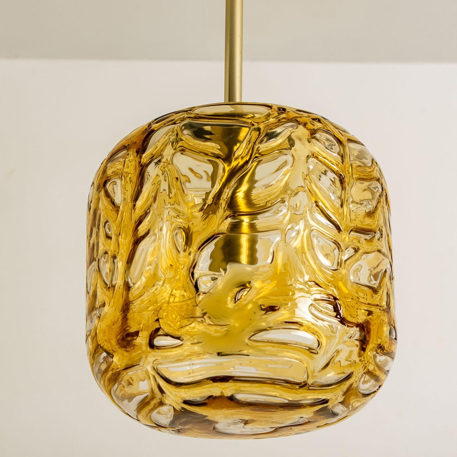 Brass Pair of Amber Murano Glass Pendant Lamps, 1960s For Sale