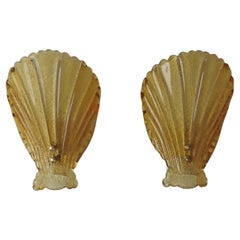 Paar Muschellampen aus bernsteinfarbenem Murano-Glas, 1960er Jahre