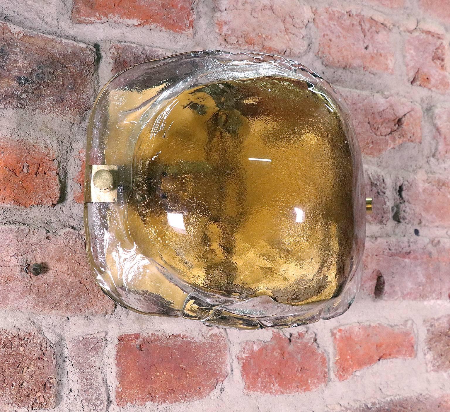 Mid-Century Modern 1960 Germany Kaiser Wall Sconce Amber Murano Glass & Brass, Set of 2 For Sale