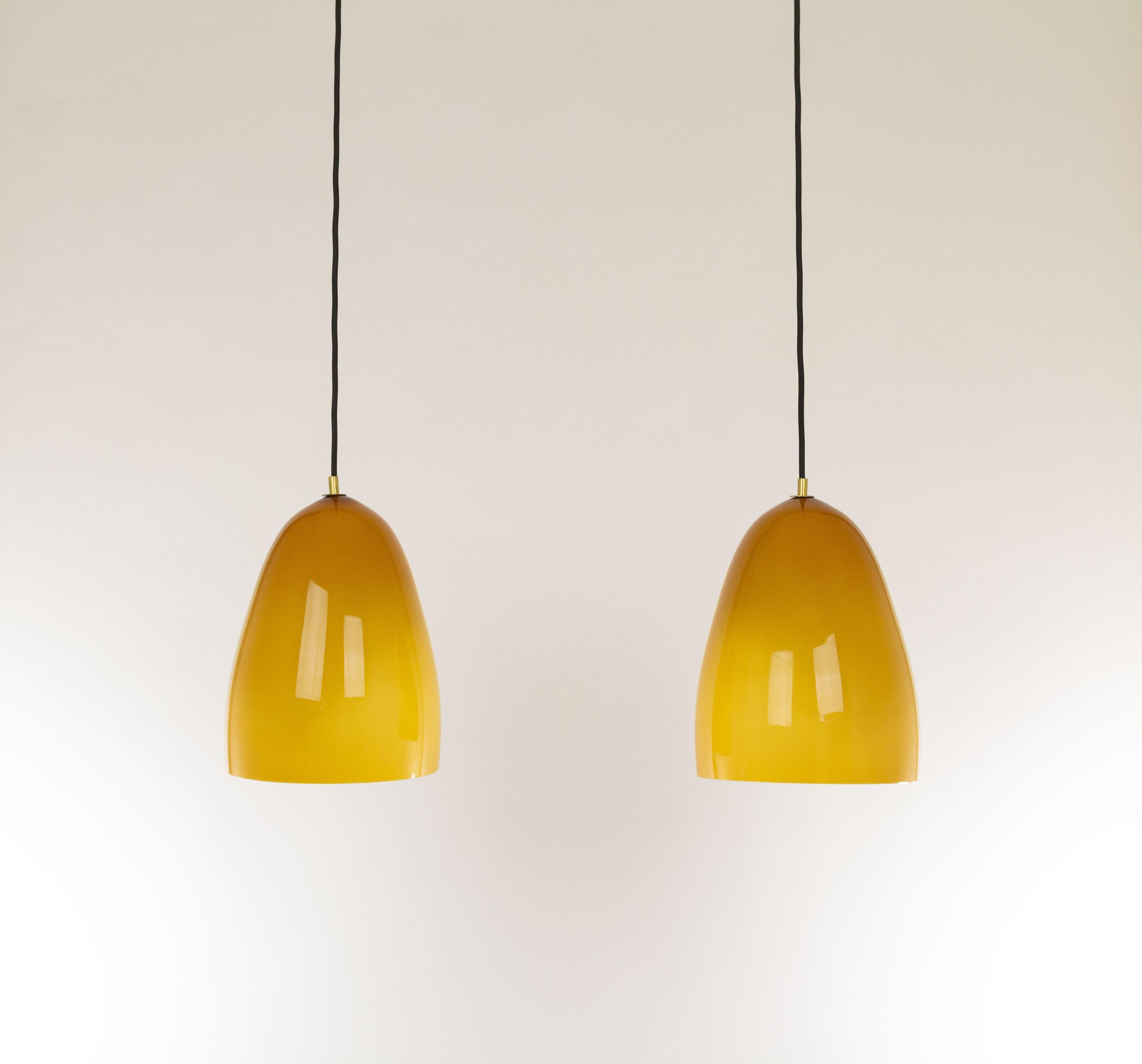 Brass Pair of Amber Murano Pendants by Massimo Vignelli for Venini, 1950s