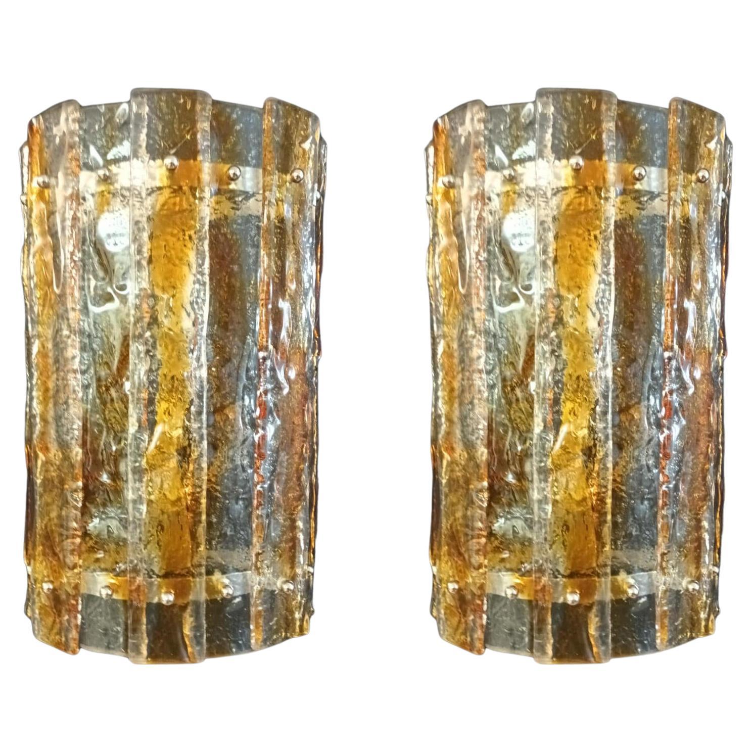 Pair of Amber Planks Sconces by Mazzega For Sale