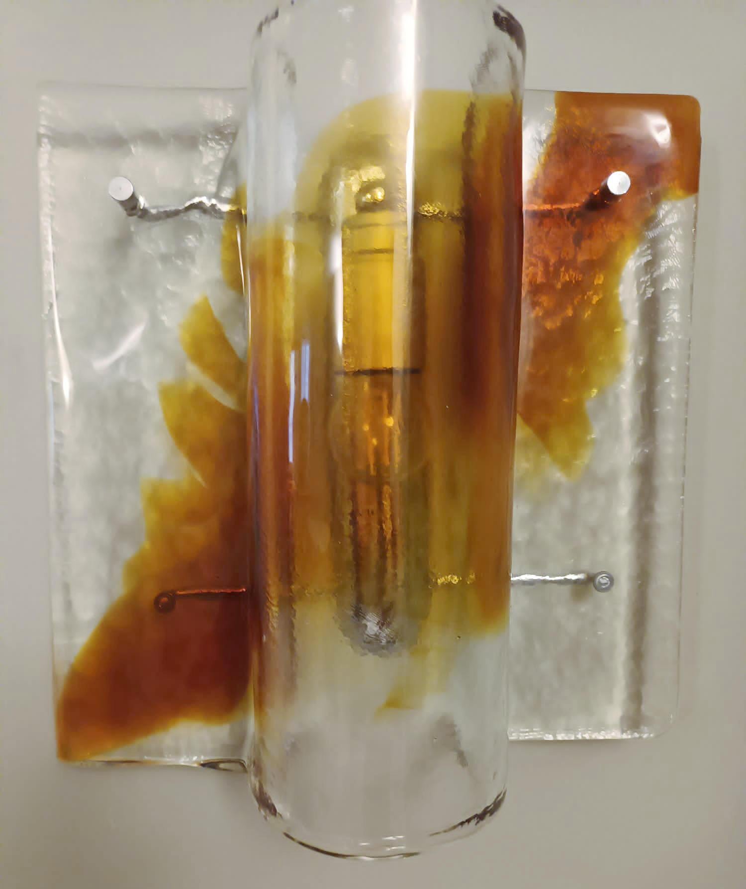 Blown Glass Pair of Amber Sconces by Mazzega For Sale