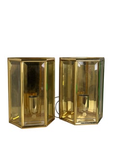 Coppia di lampade quadrate in vetro ambrato con cornice in ottone, Austria, anni '60