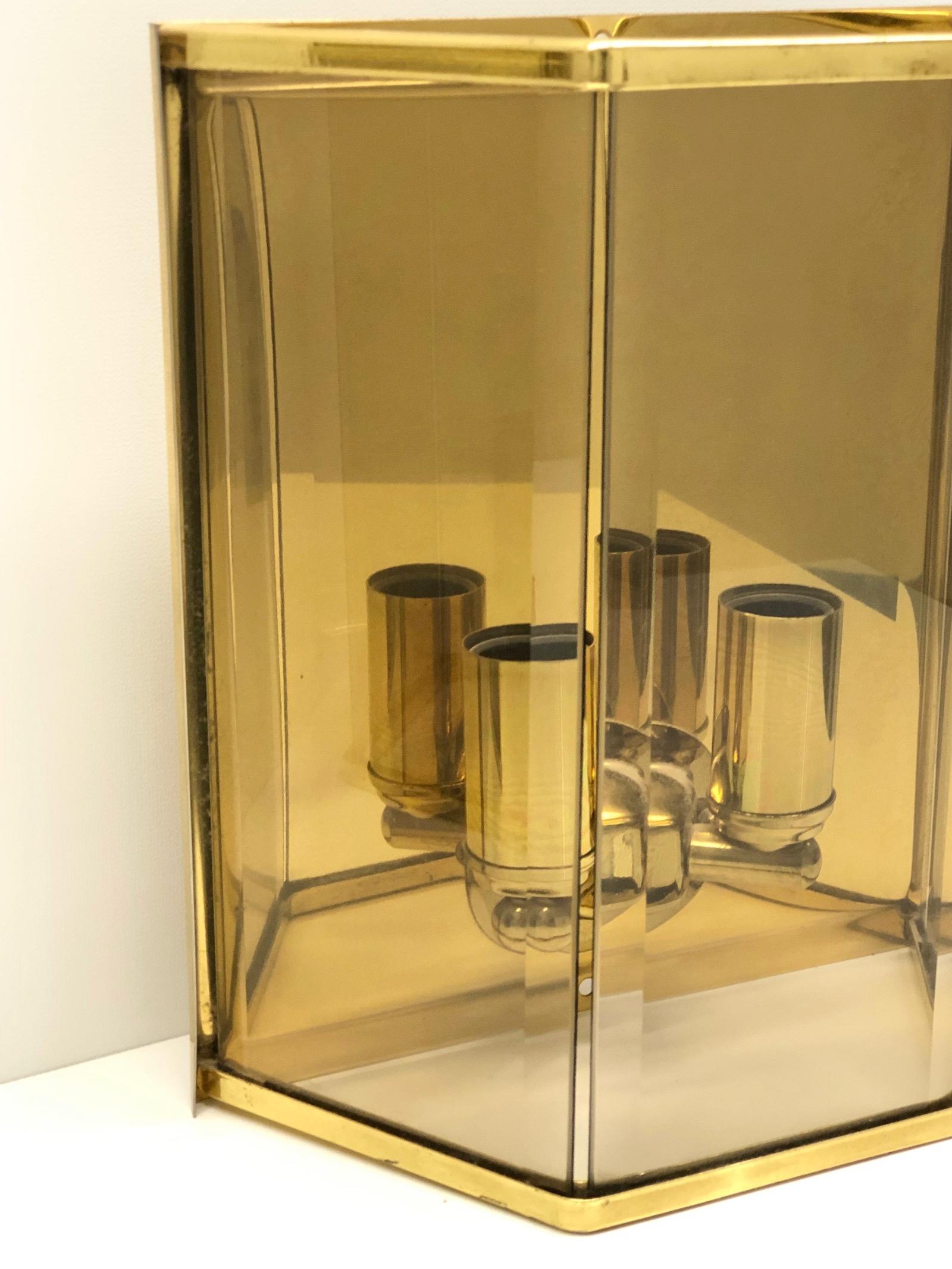Austrian Pair of Amber Square Glass Sconces Brass Frame, Austria, 1960s For Sale