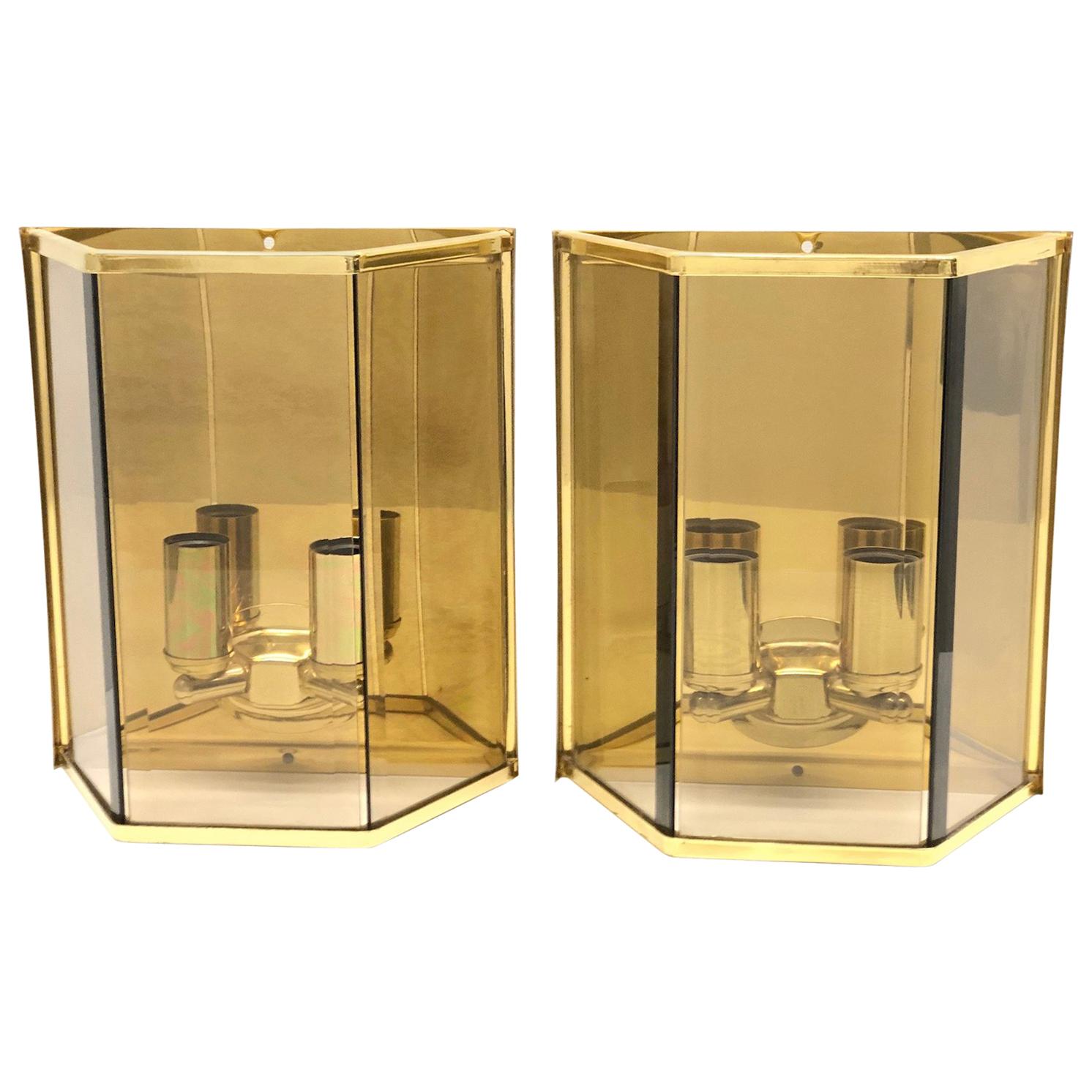 Pair of Amber Square Glass Sconces Brass Frame, Austria, 1960s For Sale