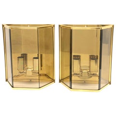Retro Pair of Amber Square Glass Sconces Brass Frame, Austria, 1960s